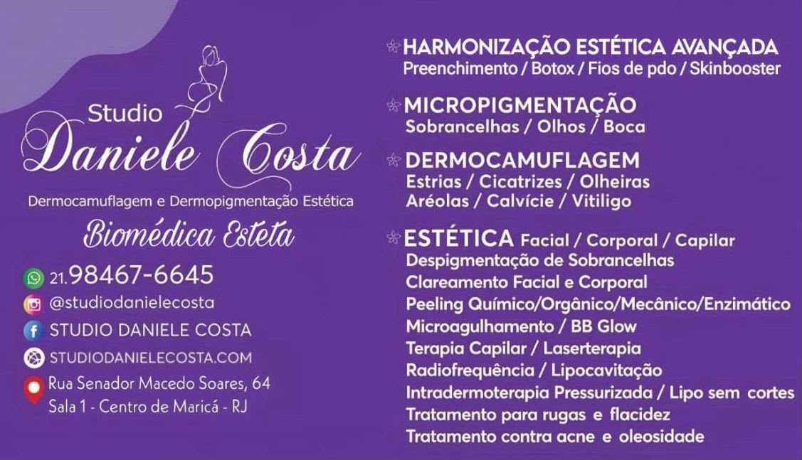 Cartão Studio Daniele Costa com lista de serviços e contatos